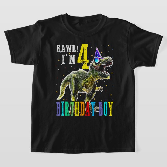 Kids 4 Year Old Shirt 4TH Birthday Boy T Rex Dinos (Laydown)