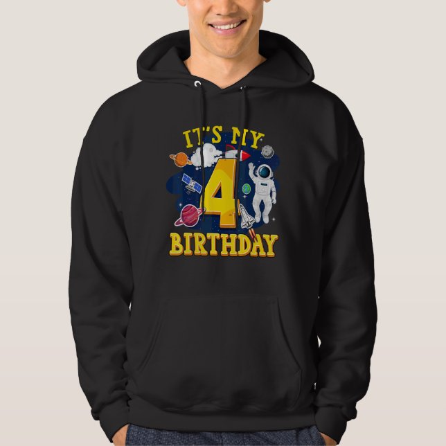 Kids 4 Years Old Astronaut Outer Space 4th Birthda Hoodie (Front)