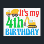 Kids 4th Birthday Boy Construction Vehicle Postcard<br><div class="desc">Cool construction vehicle 4th birthday postcard invitation for a kid who likes cars and trucks. Cute digger and cement mixer truck design for a kid who likes vehicles. Use these cards to invite other children to a party for a four year old.</div>