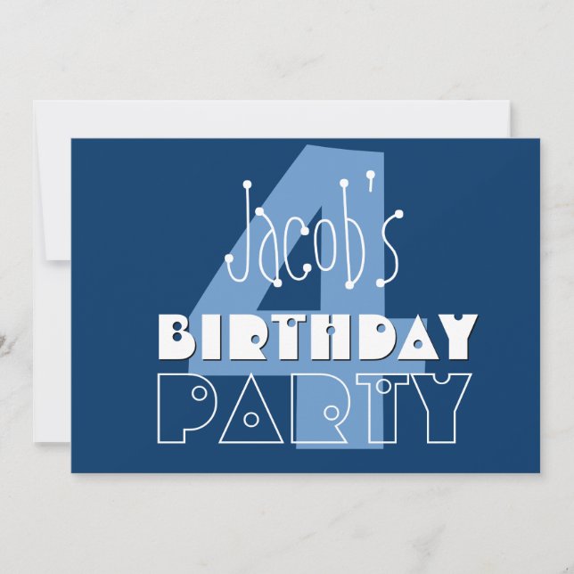 Kid's 4th Birthday Custom Name Modern Navy Blue Invitation (Front)