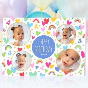 Kids 4th Birthday Cute Rainbow Photo Hearts Blue Card