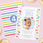 Kids 4th Birthday Cute Rainbow Photo Hearts Blue Invitation<br><div class="desc">Celebrate the magic of turning four with these cute and colourful party invitations! A fun template personalised with your child's photo and name. Colourful rainbows, hearts, stars, and the all-important birthday age are repeated throughout the design. All the text can be customised, so you can include the information you want....</div>
