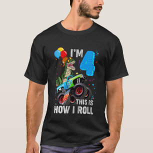Kids 4th Birthday I'm 4 This is how I roll Dinosau T-Shirt
