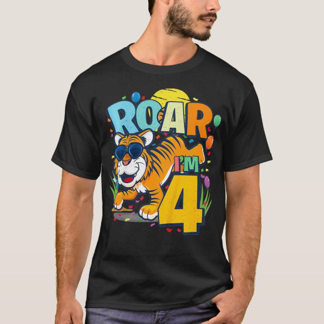 Kids 4th Birthday ROAR IM 4 Year Old Boys Tiger T-Shirt (Front)