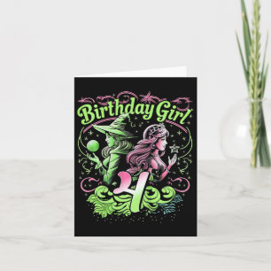 Kids 4th Birthday Witch Pink And Green 4 Years Old Card