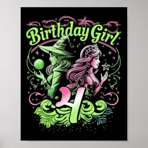 Kids 4th Birthday Witch Pink And Green 4 Years Old Poster