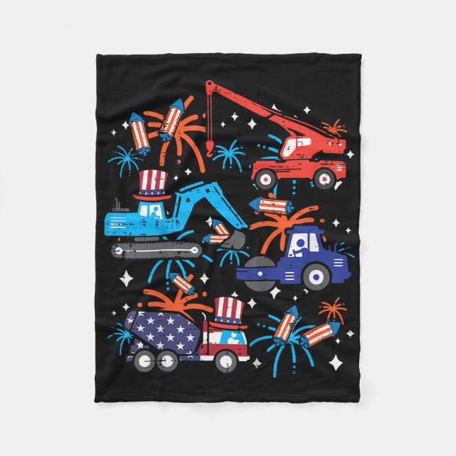 Kids 4th July Construction Trucks Vehicle Patriot  Fleece Blanket (Front)