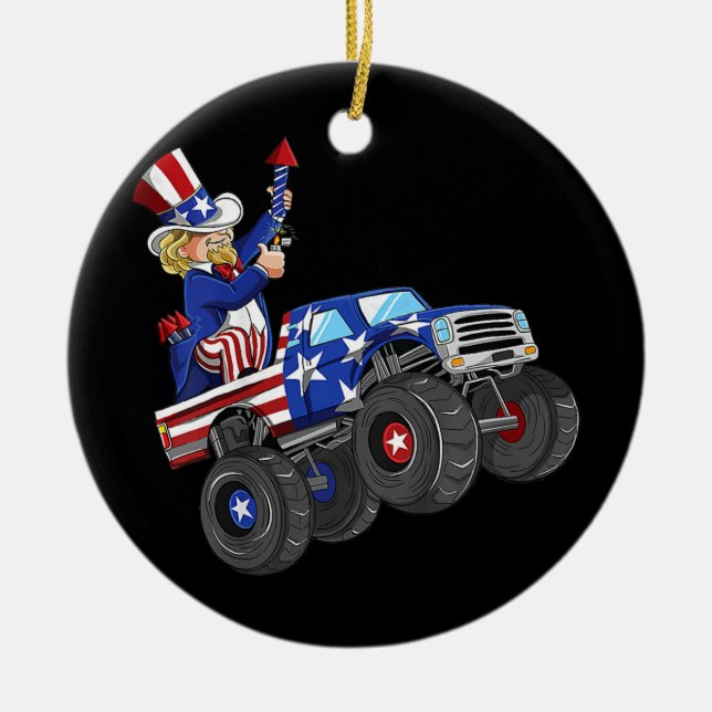 Kids 4th Of July Uncle Sam Monster Truck Ceramic Tree Decoration (Front)