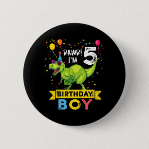 Kids 5 Year Old 5th Birthday Boy T Rex Dinosaur 6 Cm Round Badge