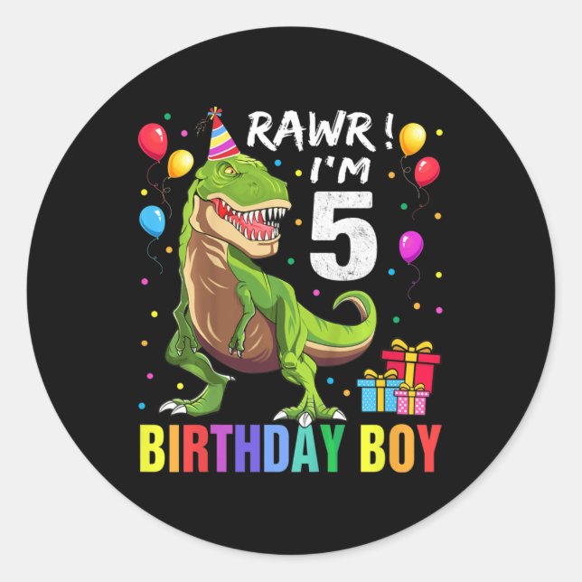 Kids 5 Year Old  5th Birthday Boy T Rex Dinosaur   Classic Round Sticker (Front)