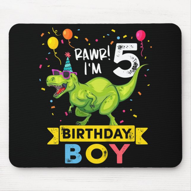 Kids 5 Year Old  5th Birthday Boy T Rex Dinosaur  Mouse Pad (Front)