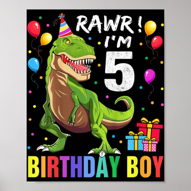 Kids 5 Year Old  5th Birthday Boy T Rex Dinosaur   Poster (Front)