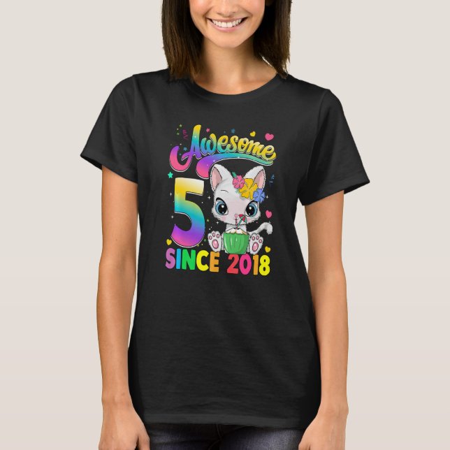 Kids 5 Year Old Cat Awesome Since 2018 Cat 5th Bir T-Shirt (Front)