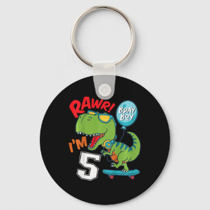 Kids 5th Birthday 5 Year Old Boy T-rex Skateboardi Key Ring
