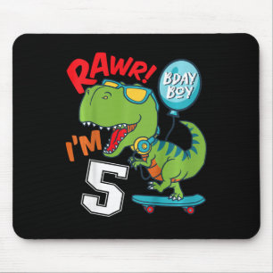 Kids 5th Birthday 5 Year Old Boy T-rex Skateboardi Mouse Pad