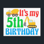 Kids 5th Birthday Boy Construction Vehicle Postcard<br><div class="desc">Cool construction vehicle postcard invitation for a kid who likes cars and trucks. Cute digger and cement mixer design for a kid who likes vehicles. Use these cards to invite other children to a party.</div>