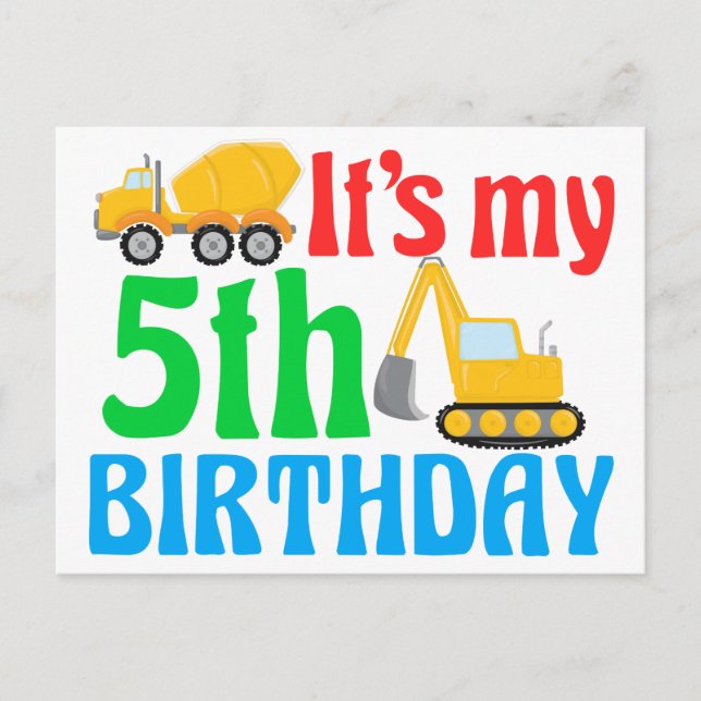 Kids 5th Birthday Boy Construction Vehicle Postcard (Front)