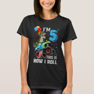Kids 5th Birthday I'm 5 This is how I roll Dinosau T-Shirt