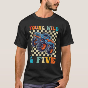 Kids 5th Birthday Monster Truck Young Wild and Fiv T-Shirt