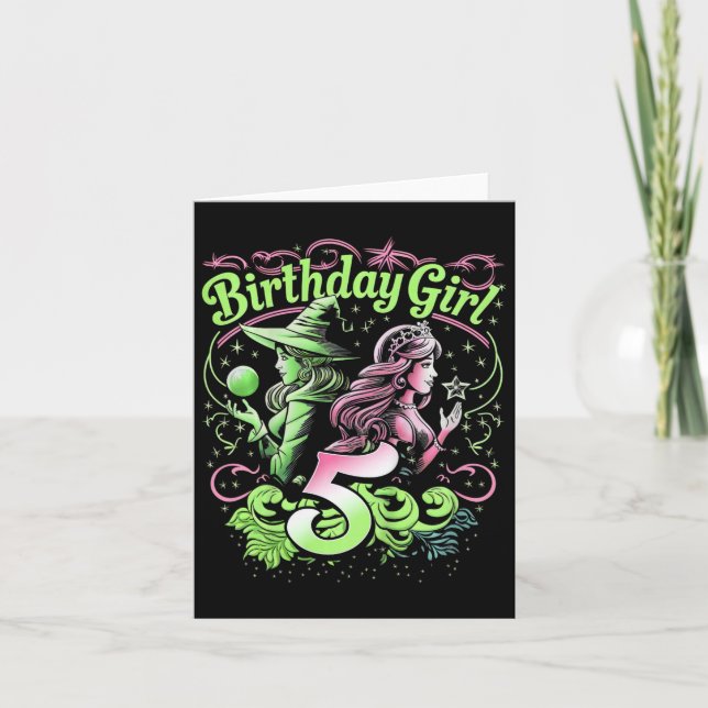 Kids 5th Birthday Witch Pink And Green 5 Years Old Card (Front)