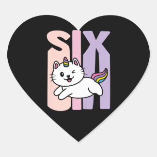 Kids 6 Year Old Cute Caticorn Cat Unicorn Birthday Heart Sticker