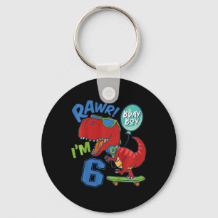Kids 6th Birthday 6 Year Old Boy Red T-rex Skatebo Key Ring