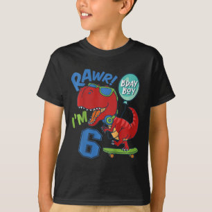 Kids 6th Birthday 6 Year Old Boy Red T-rex Skatebo T-Shirt