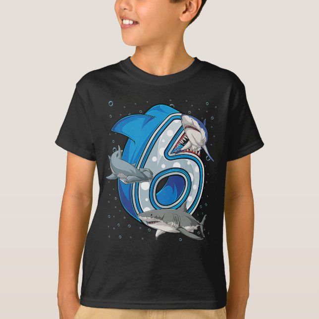 Kids 6th Birthday Boys Shark 6 years Old Ocean  T-Shirt (Front)