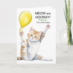 Kids 6th Birthday Cute Cartoon Cat with Name Card