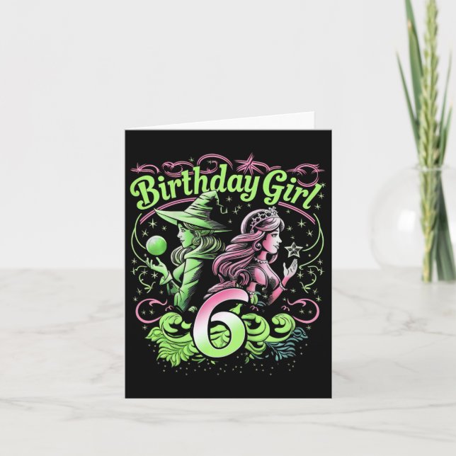 Kids 6th Birthday Witch Pink And Green 6 Years Old Card (Front)