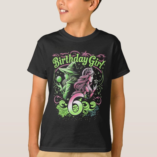 Kids 6th Birthday Witch Pink And Green 6 Years Old T-Shirt (Front)