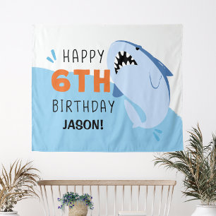 Kids 6th Shark Birthday Backdrop Custom Tapestry