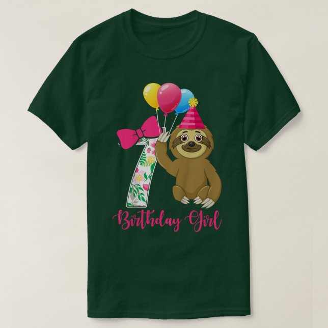 Kids 7 Year Old Cool Cute Sloth balloons 7th Birth T-Shirt (Design Front)