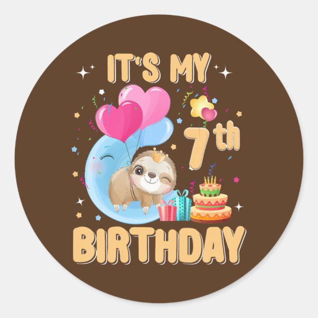 Kids 7 Year Old Sloth 7th Birthday Girl Party Classic Round Sticker (Front)