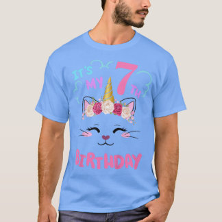 Kids 7th Birthday Girl Outfit Cats Unicorn rosary  T-Shirt
