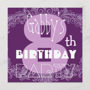 Kid's 8th Birthday Custom Name Modern Purple Retro Invitation