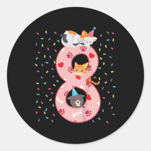 Kids 8th Birthday Girl Cute Cat Outfit 8 Years Old Classic Round Sticker