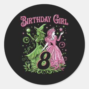 Kids 8th Birthday Witch Pink And Green 8 Years Old Classic Round Sticker