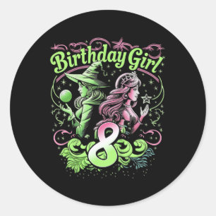 Kids 8th Birthday Witch Pink And Green 8 Years Old Classic Round Sticker