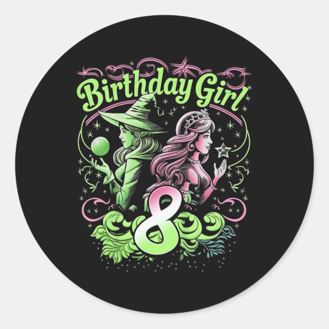 Kids 8th Birthday Witch Pink And Green 8 Years Old Classic Round Sticker (Front)