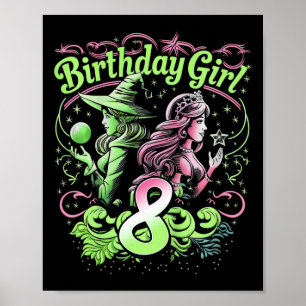 Kids 8th Birthday Witch Pink And Green 8 Years Old Poster
