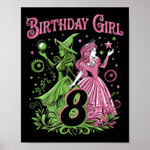 Kids 8th Birthday Witch Pink And Green 8 Years Old Poster