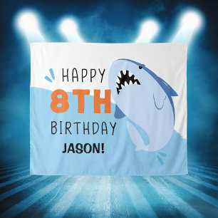 Kids 8th Shark Birthday Backdrop Custom Tapestry