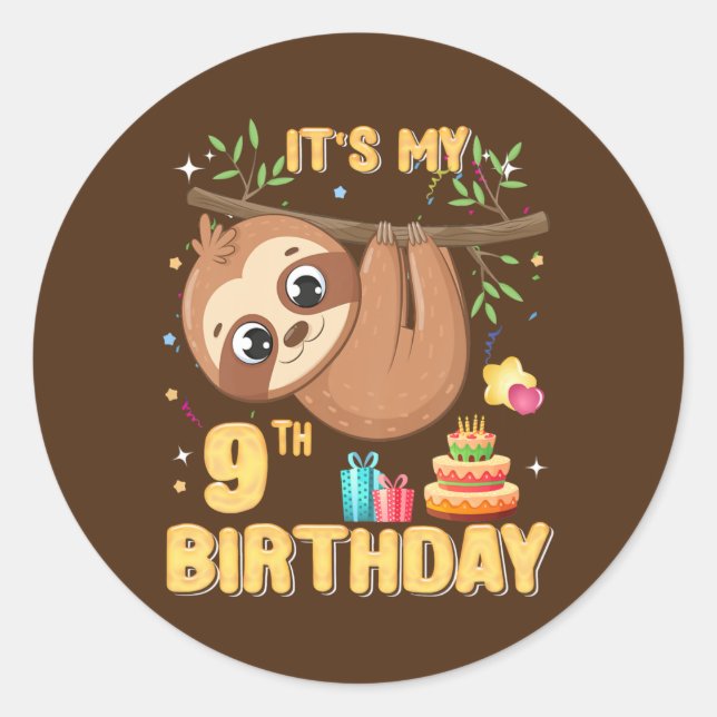 Kids 9 Year Old Sloth Girl Party Cute Sloth Lover Classic Round Sticker (Front)