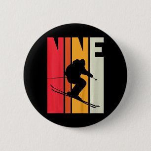 Kids 9th Birthday Boy Retro Ski Lover Skier 9 Year 6 Cm Round Badge