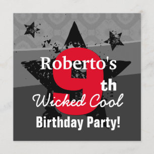 KIDS 9th Birthday Charcoal Red Grunge C9SA Invitation