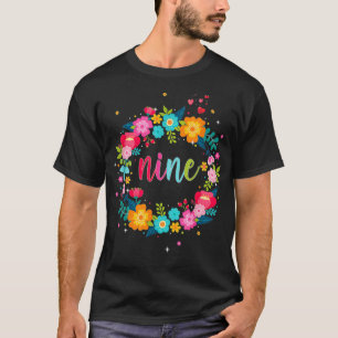 Kids 9th Birthday  Girl 9 Year Age 9 Nine floral  T-Shirt