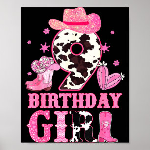 Kids 9th Birthday Girl Rodeo Western Cowgirl Birth Poster