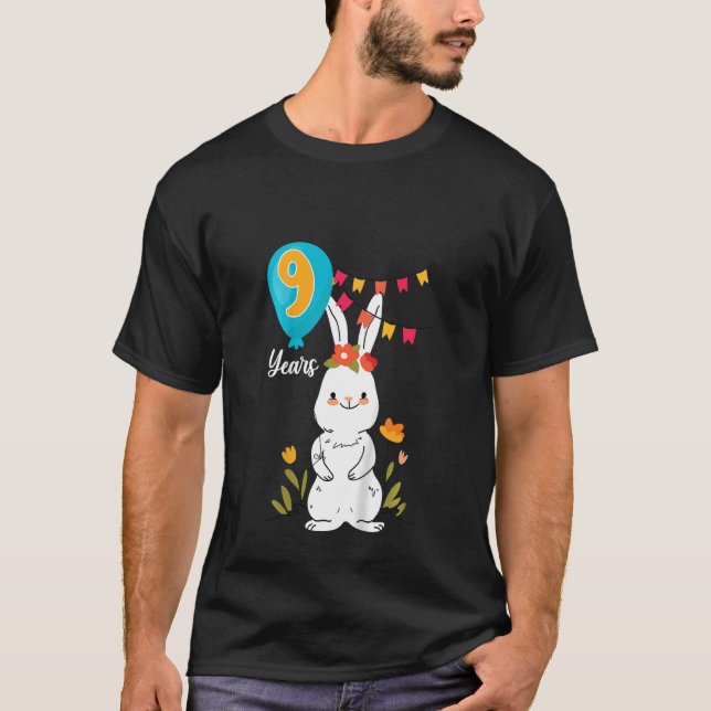 Kids 9th Birthday Party 9 Years Bunny Rabbit Flowe T-Shirt (Front)
