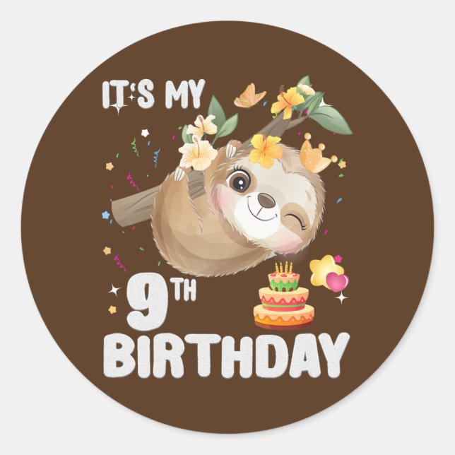 Kids 9th Birthday Sloth Girl Party Cute Sloth Classic Round Sticker (Front)